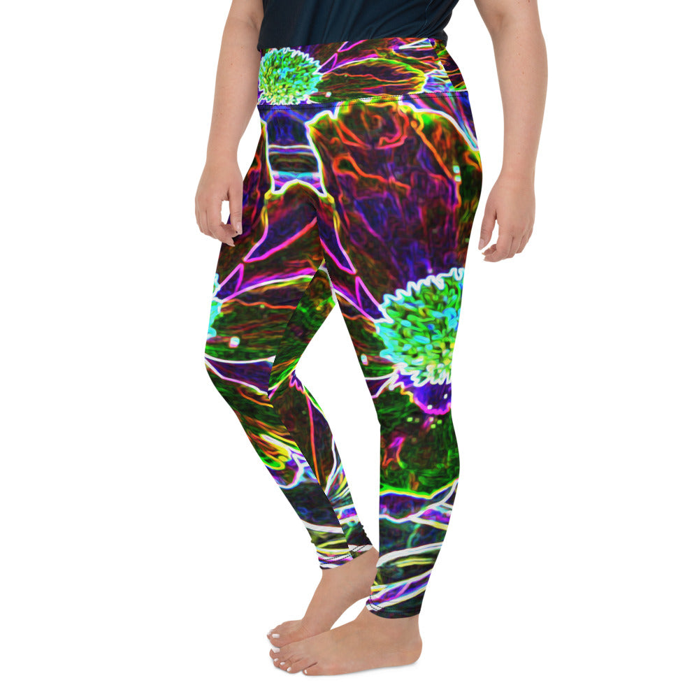 Plus Size Leggings, Abstract Garden Peony in Black and Blue