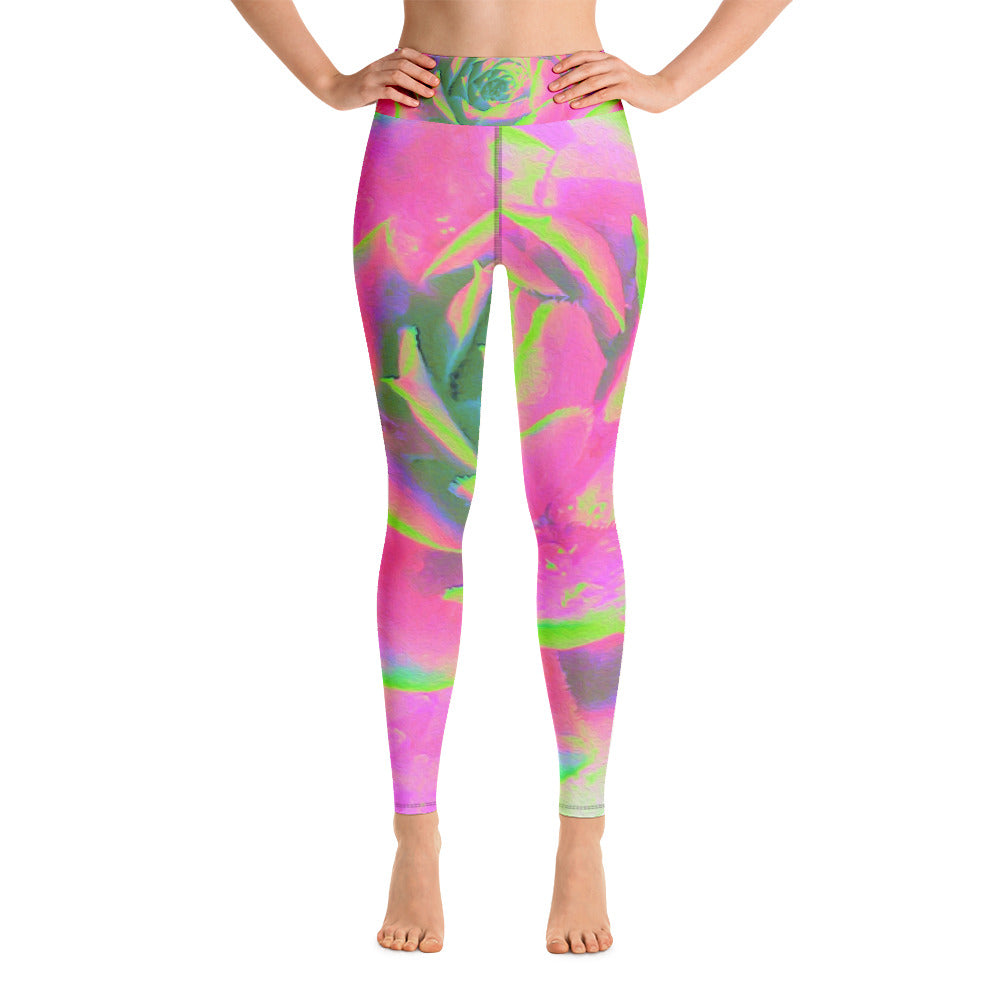 Yoga Leggings, Lime Green and Pink Succulent Sedum Rosette