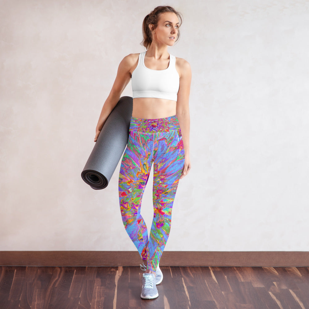 Yoga Leggings for Women, Psychedelic Groovy Blue Abstract Dahlia Flower