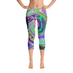 Capri Leggings, Groovy Abstract Aqua and Navy Lava Swirl