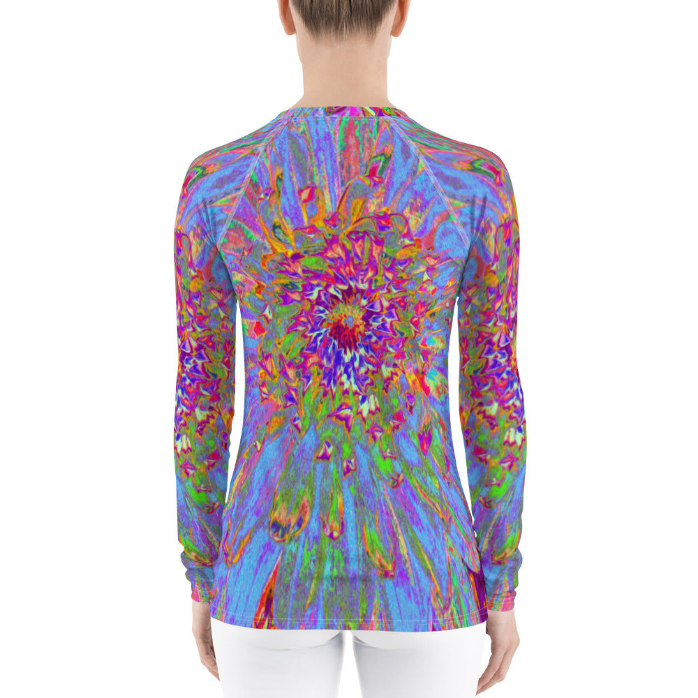 Women's Rash Guards, Psychedelic Groovy Blue Abstract Dahlia Flower