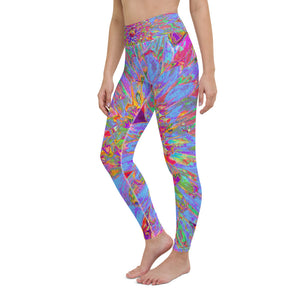 Yoga Leggings for Women, Psychedelic Groovy Blue Abstract Dahlia Flower