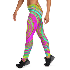 Leggings for Women, Groovy Abstract Pink and Turquoise Swirl with Flowers