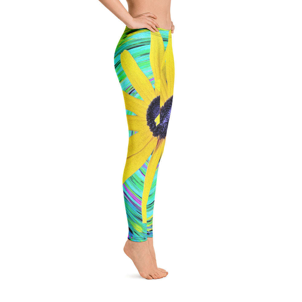 Leggings for Women, Yellow Rudbeckia Flowers on a Turquoise Swirl