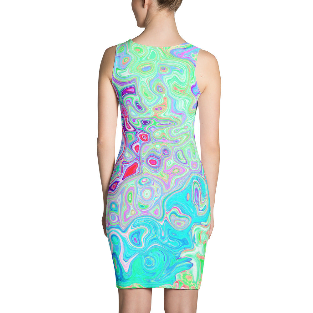 Bodycon Dress, Groovy Abstract Retro Pink and Green Swirl