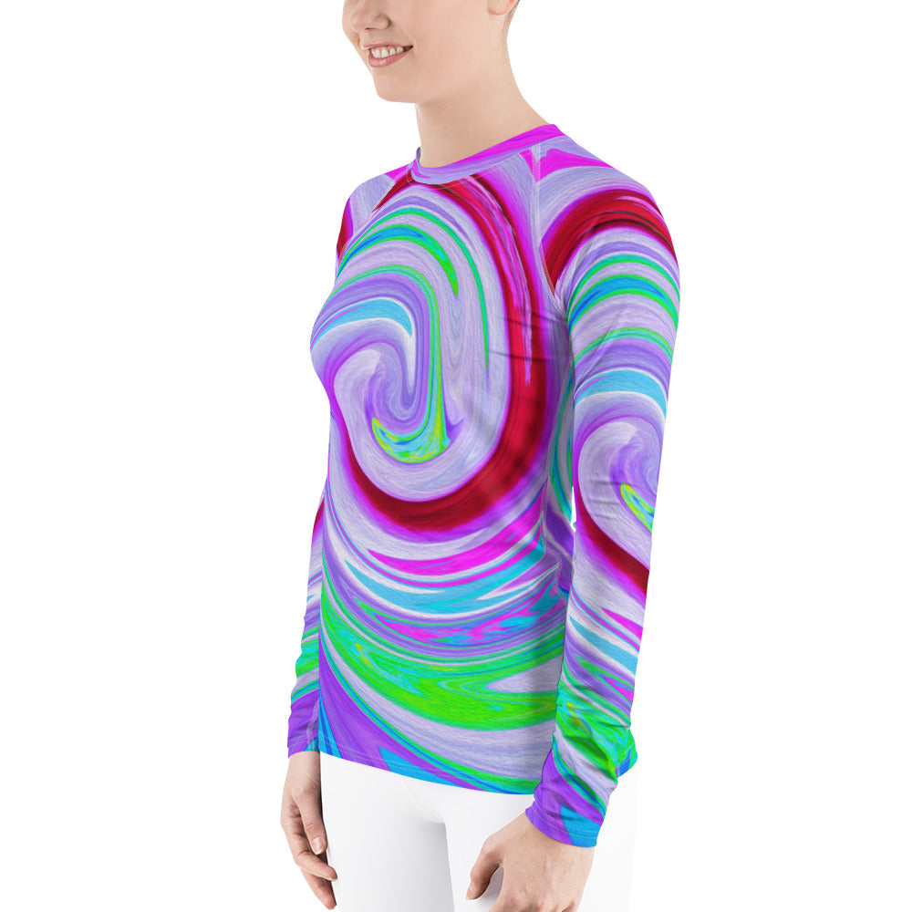 Women's Rash Guard, Groovy Abstract Red Swirl on Purple and Pink