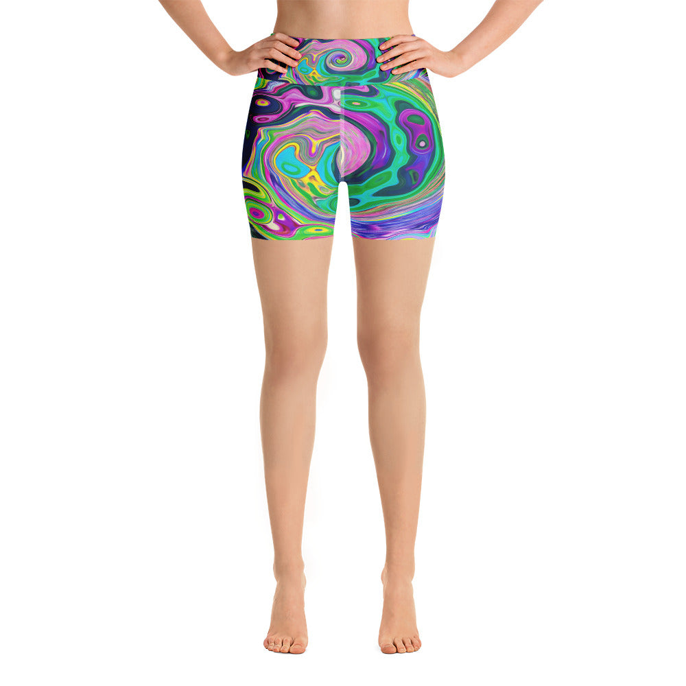Yoga Shorts, Groovy Abstract Aqua and Navy Lava Swirl