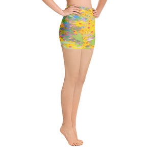 Yoga Shorts, Pretty Yellow and Red Flowers with Turquoise