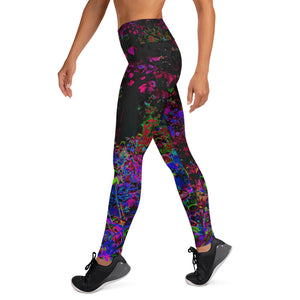 Yoga Leggings for Women, Psychedelic Crimson Red and Black Garden Sunrise