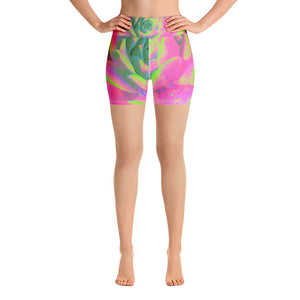 Yoga Shorts, Lime Green and Pink Succulent Sedum Rosette