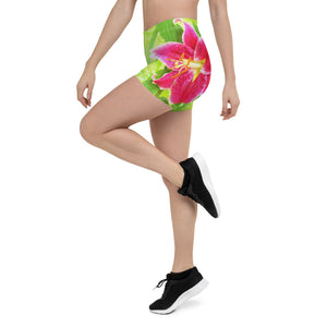 Spandex Shorts for Women, Pretty Deep Pink Stargazer Lily on Lime Green