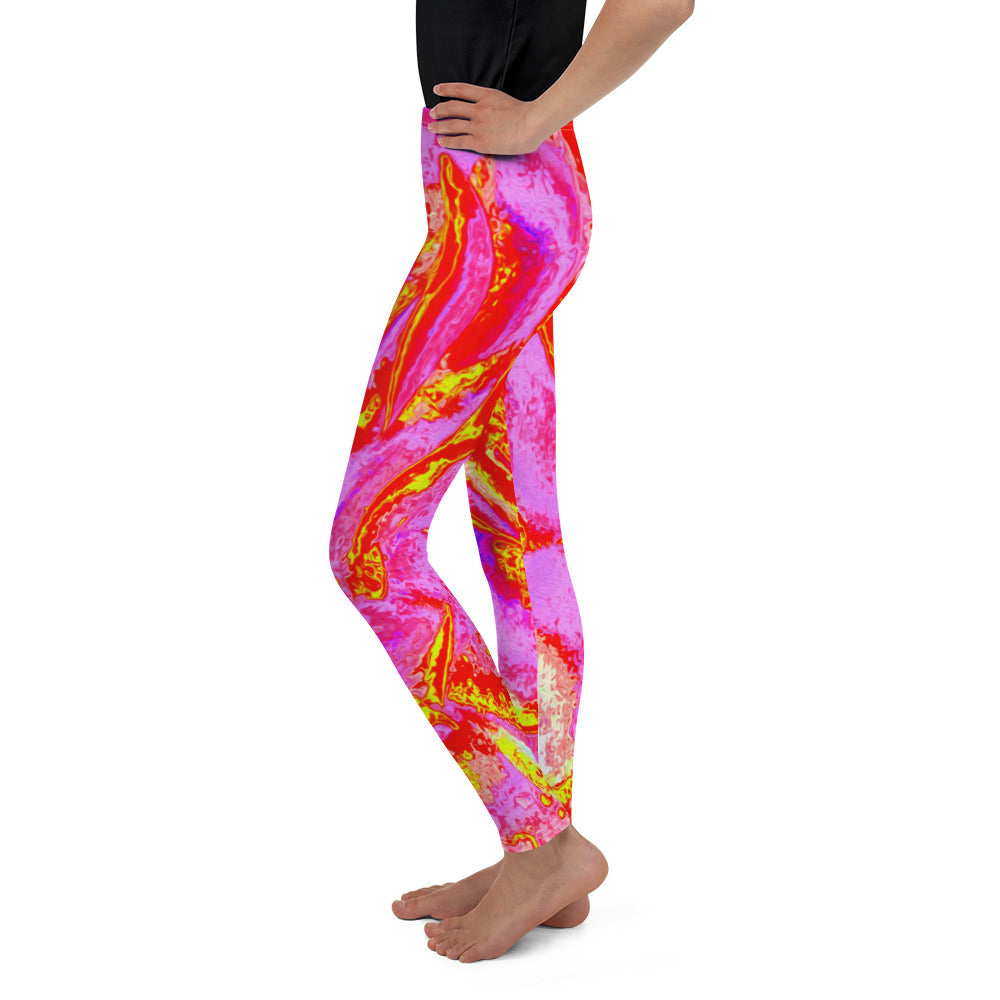 Youth Leggings, Hot Pink, Red and Yellow Succulent Sedum Rosette for Girls