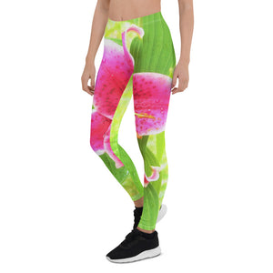 Leggings for Women, Pretty Deep Pink Stargazer Lily on Lime Green