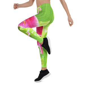 Leggings for Women, Pretty Deep Pink Stargazer Lily on Lime Green