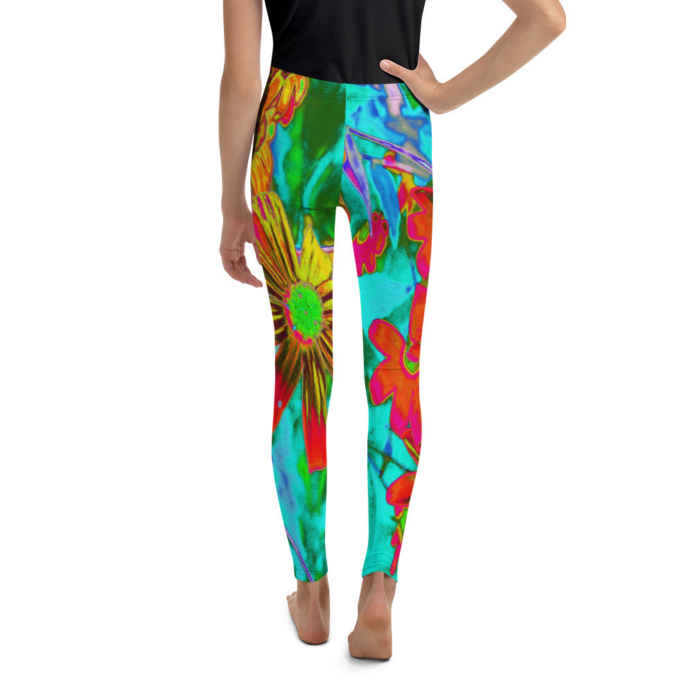 Youth Leggings, Aqua Tropical with Yellow and Orange Flowers for Girls