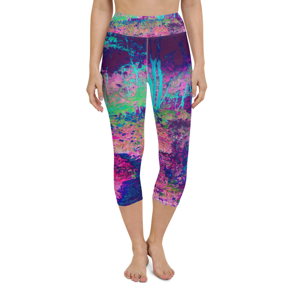 Capri Yoga Leggings, Impressionistic Purple and Hot Pink Garden Landscape