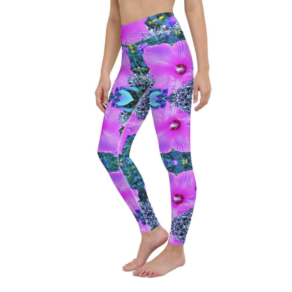 Yoga Leggings, Pink Hibiscus with Blue Hydrangea Foliage