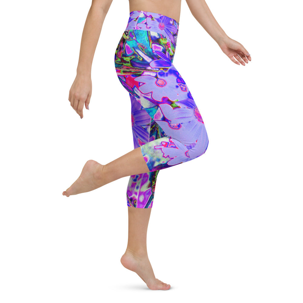 Capri Yoga Leggings, Trippy Purple and Magenta Colorful Wildflowers