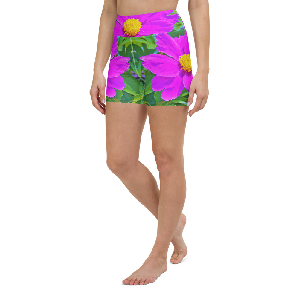 Yoga Shorts, Brilliant Ultra Violet Peony with Yellow Center