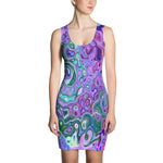 Bodycon Dress, Groovy Abstract Retro Green and Purple Swirl