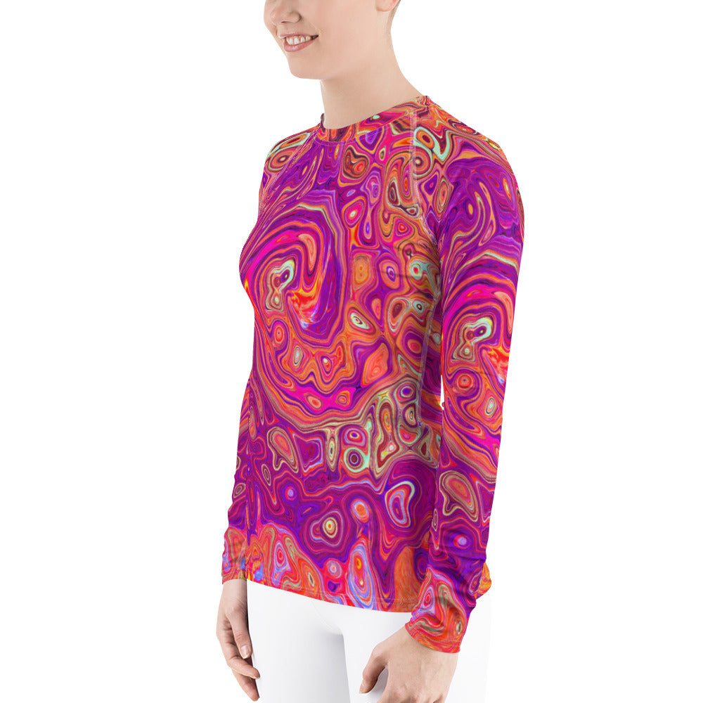 Women's Rash Guards, Retro Abstract Coral and Purple Marble Swirl
