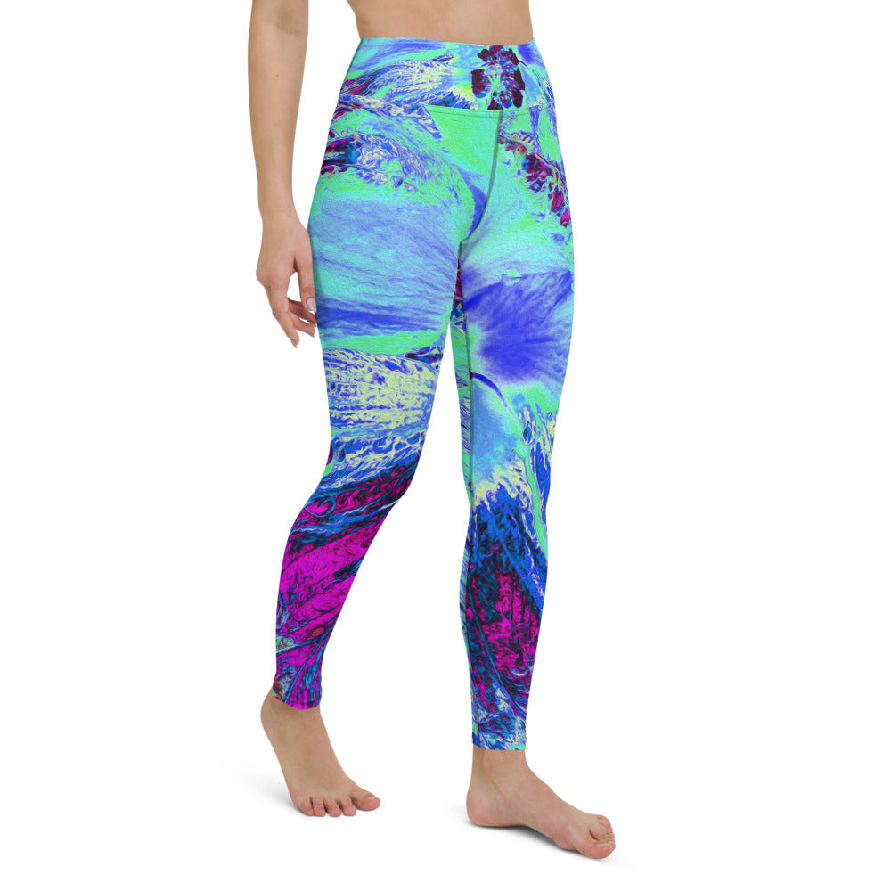 Yoga Leggings for Women, Psychedelic Retro Green and Blue Hibiscus Flower