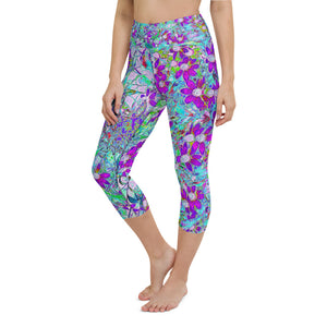 Capri Yoga Leggings, Aqua Garden with Violet Blue and Hot Pink Flowers