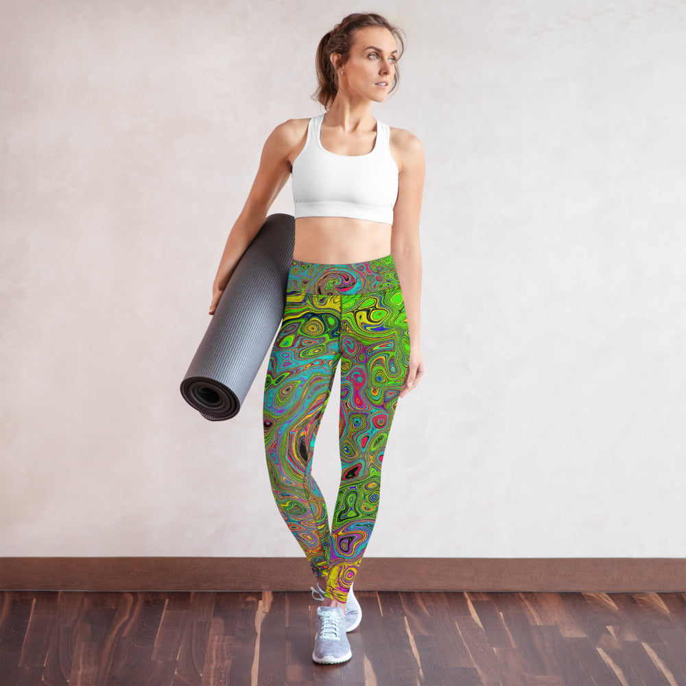 Yoga Leggings for Women, Groovy Abstract Retro Lime Green and Blue Swirl