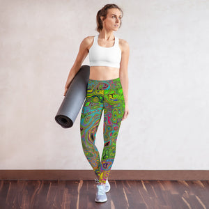 Yoga Leggings for Women, Groovy Abstract Retro Lime Green and Blue Swirl