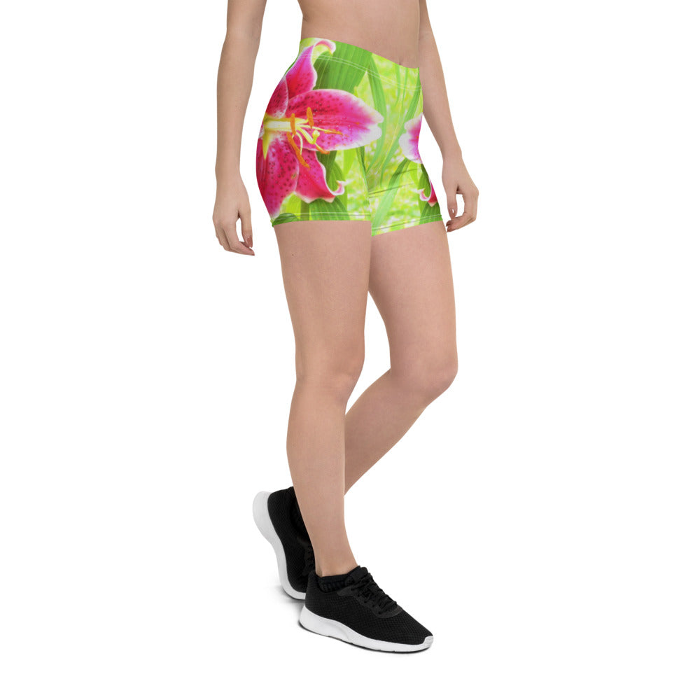 Spandex Shorts for Women, Pretty Deep Pink Stargazer Lily on Lime Green