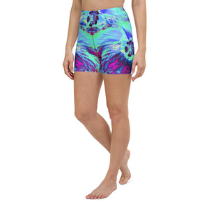 Yoga Shorts for Women, Psychedelic Retro Green and Blue Hibiscus Flower