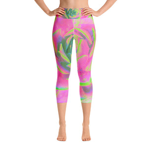 Yoga Capri Leggings, Lime Green and Pink Succulent Sedum Rosette