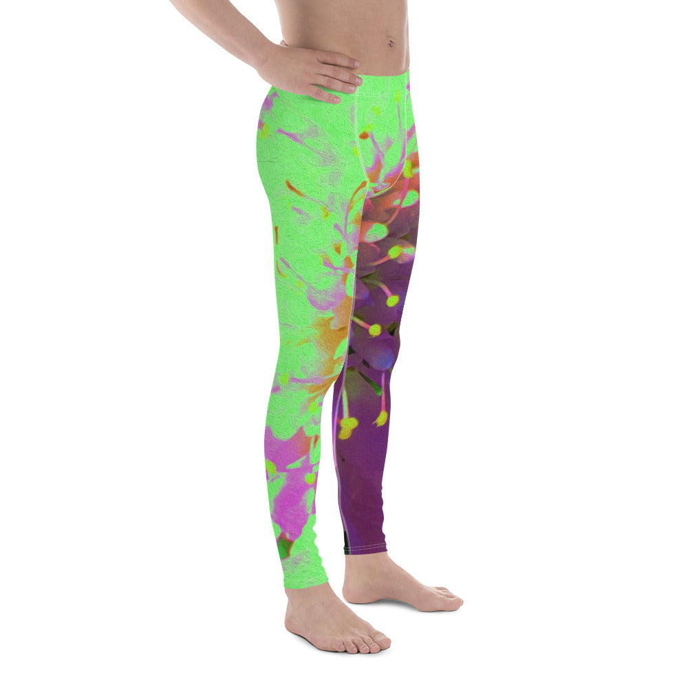 Men's Leggings, Abstract Flower in Lime Green and Purple