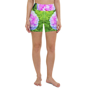 Yoga Shorts, Pink Peony and Golden Privet Hedge Garden