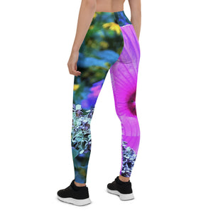 Leggings for Women, Pink Hibiscus with Blue Hydrangea Foliage