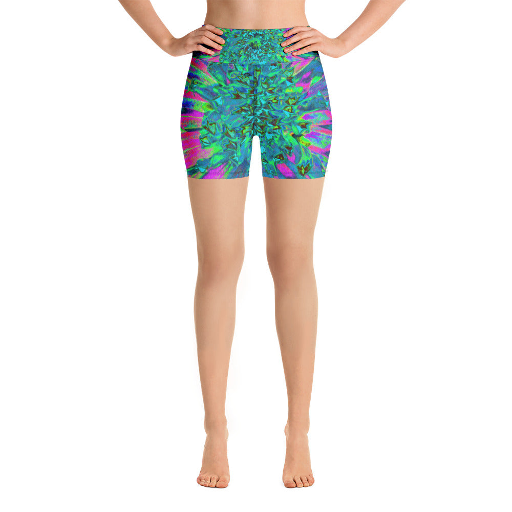 Yoga Shorts, Psychedelic Magenta, Aqua and Lime Green Dahlia