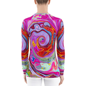 Women's Rash Guard, Groovy Abstract Retro Hot Pink and Blue Swirl