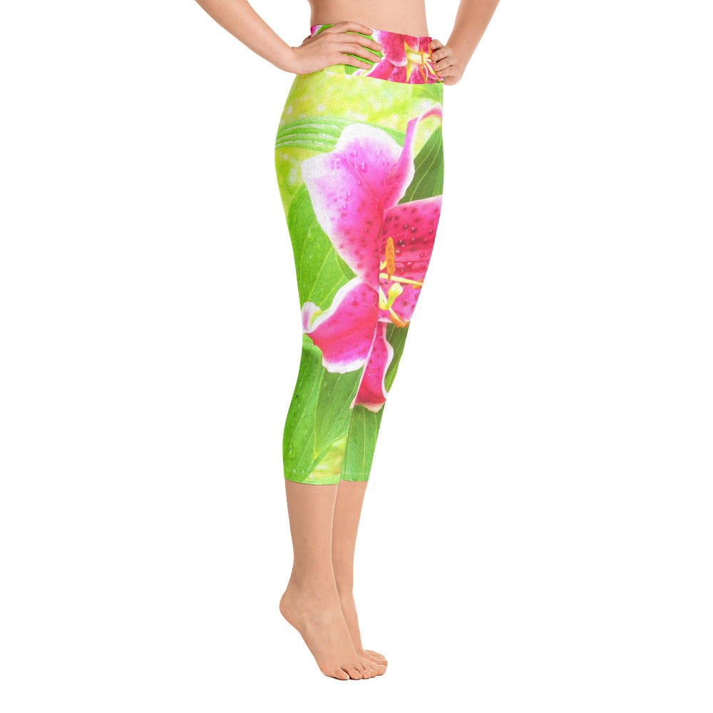 Capri Yoga Leggings for Women, Pretty Deep Pink Stargazer Lily on Lime Green