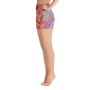 Yoga Shorts, Psychedelic Retro Coral Rainbow Hibiscus