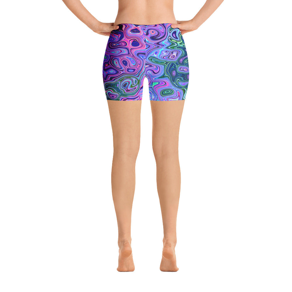 Spandex Shorts, Groovy Abstract Retro Green and Purple Swirl