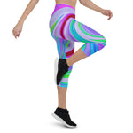 Capri Leggings, Groovy Abstract Red Swirl on Purple and Pink