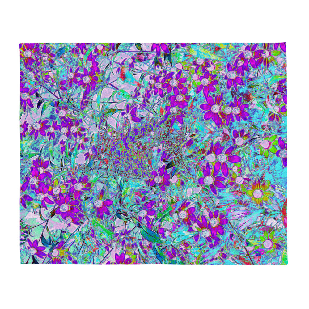 Throw Blanket, Aqua Garden with Violet Blue and Hot Pink Flowers