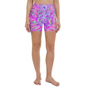 Yoga Shorts, Cool Pink, Blue and Purple Cactus Dahlia Explosion