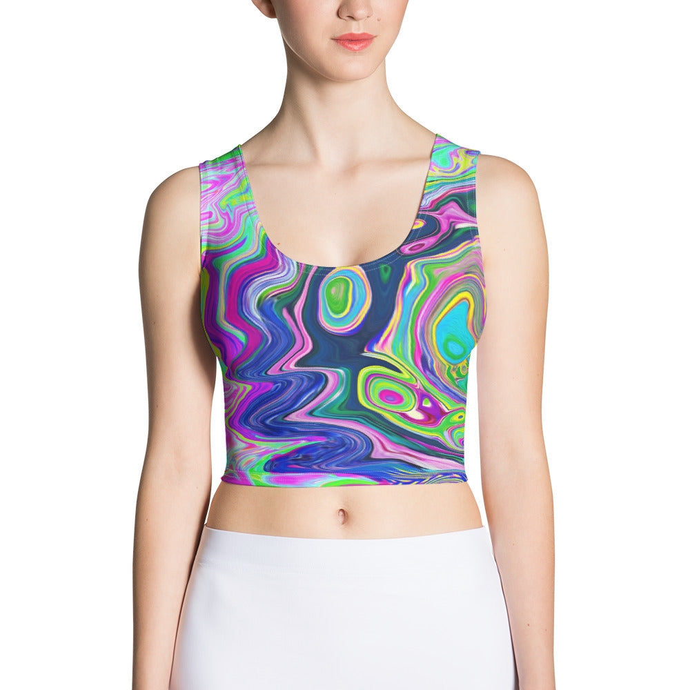Cropped Tank Top, Groovy Abstract Aqua and Navy Lava Swirl