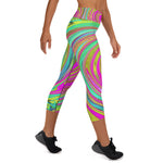 Yoga Capri Leggings, Groovy Abstract Pink and Turquoise Swirl with Flowers