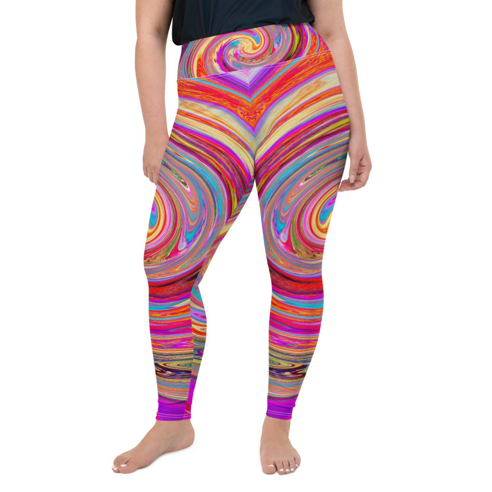 Plus Size Leggings, Colorful Rainbow Swirl Retro Abstract Design