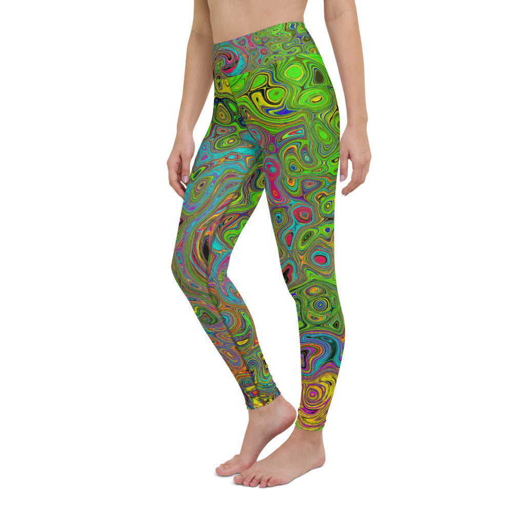 Yoga Leggings for Women, Groovy Abstract Retro Lime Green and Blue Swirl