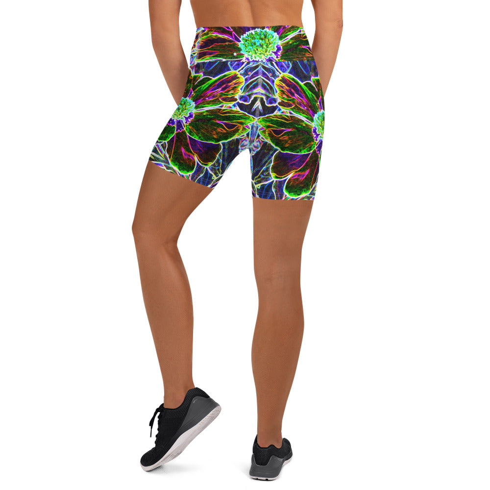 Yoga Shorts, Abstract Garden Peony in Black and Blue