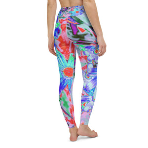 Yoga Leggings, Retro Psychedelic Aqua and Orange Flowers