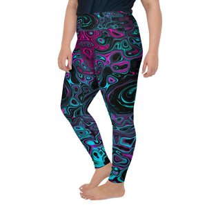 Plus Size Leggings, Retro Aqua Magenta and Black Abstract Swirl